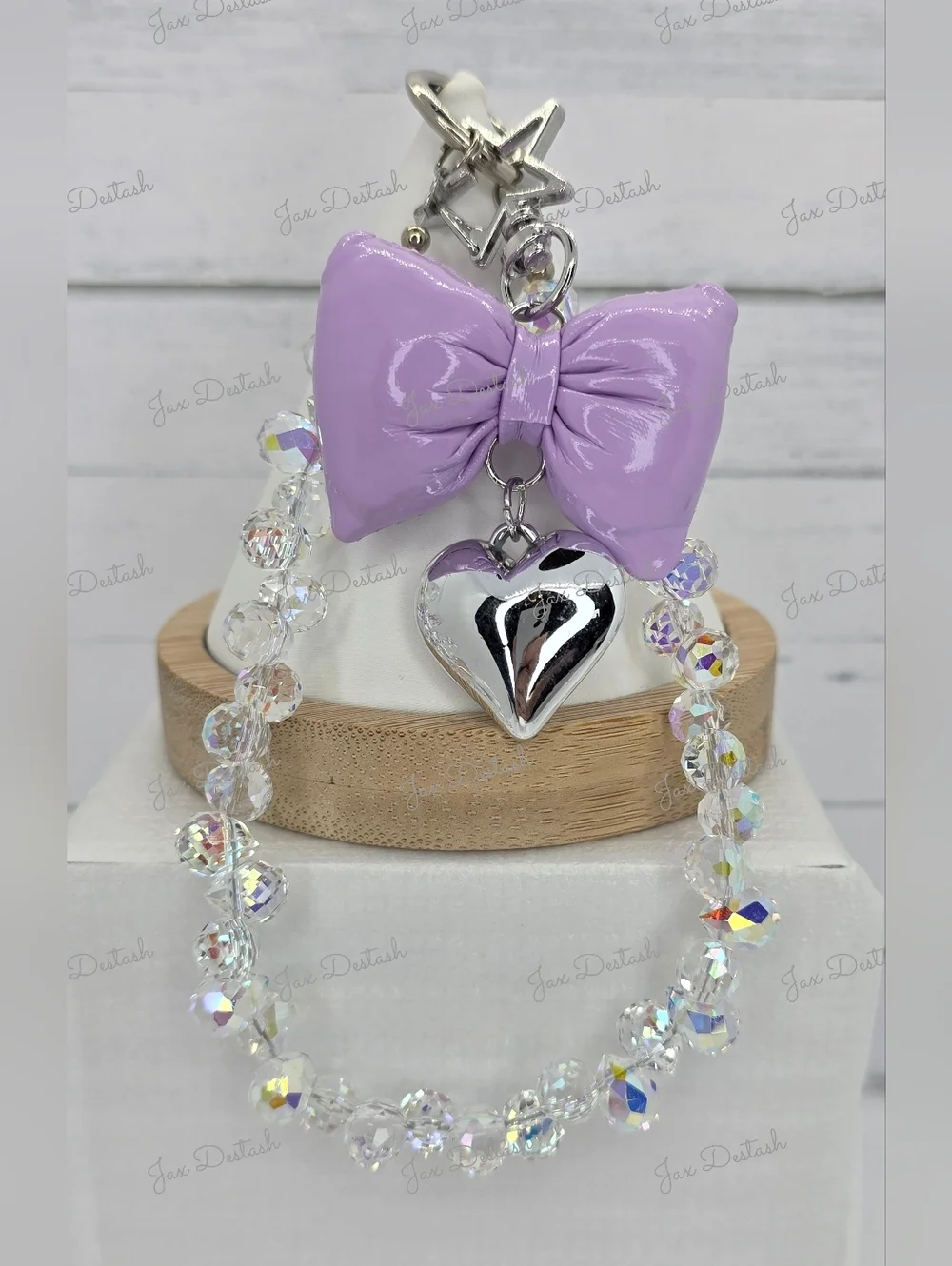Iridescent Beaded Lavender Bow & Silver Heart Phone/Key Lanyard CH4371